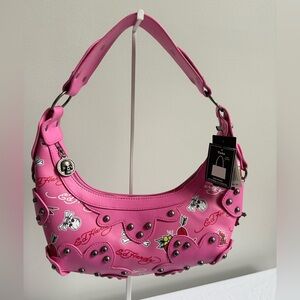 Ed Hardy Hot Pink Studded Shoulder Bag with Graphic Hearts